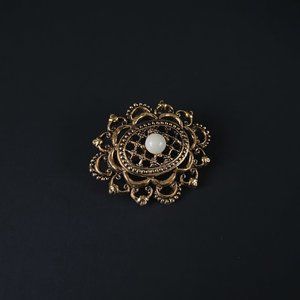 Vintage Tacoa Signed Filigree Openwork Oval Gold Victorian Faux Pearl Brooch